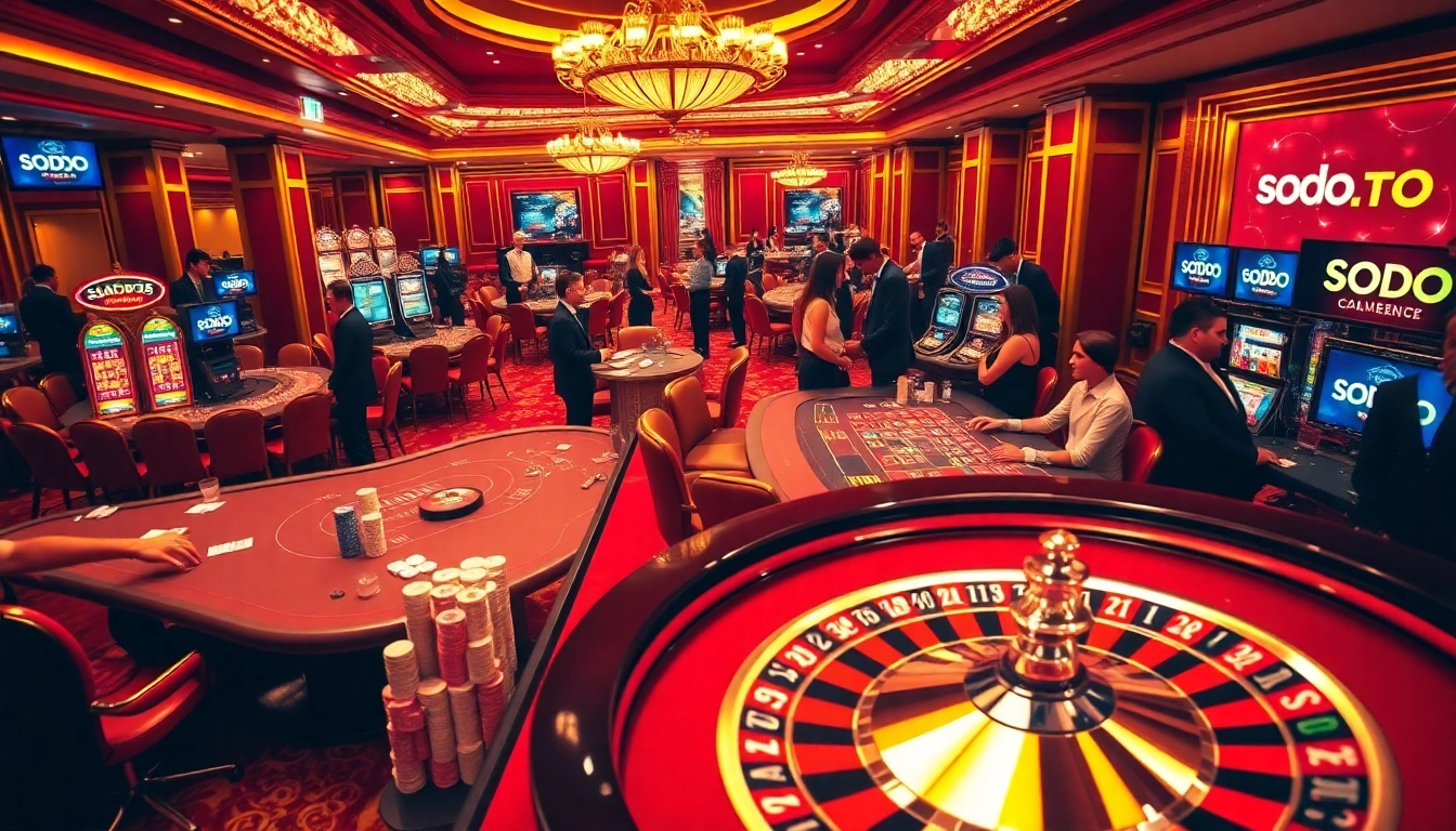 SODO66 casino scene with gamblers at roulette and poker tables, showcasing glistening chips and luxurious environment.