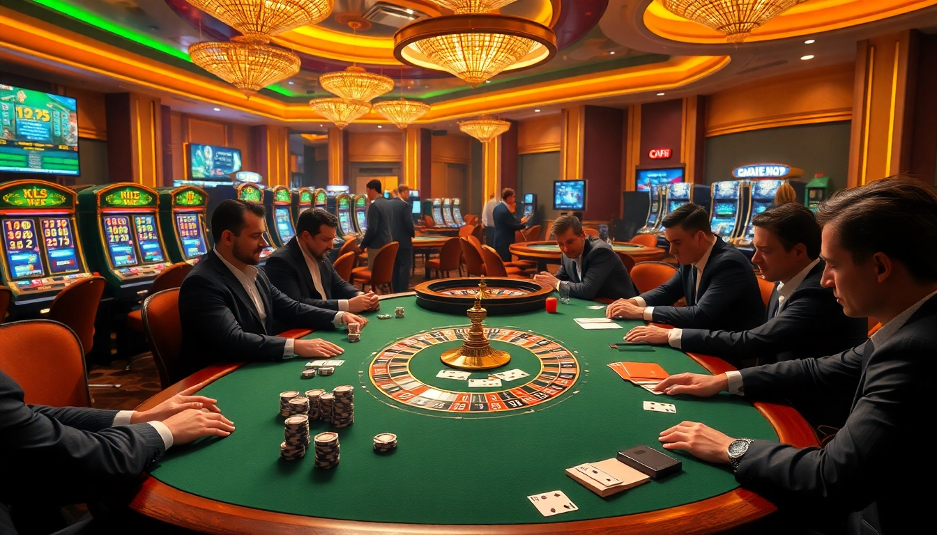 Engaged players at a luxury poker table in a casino setting featuring kjc com betting elements.