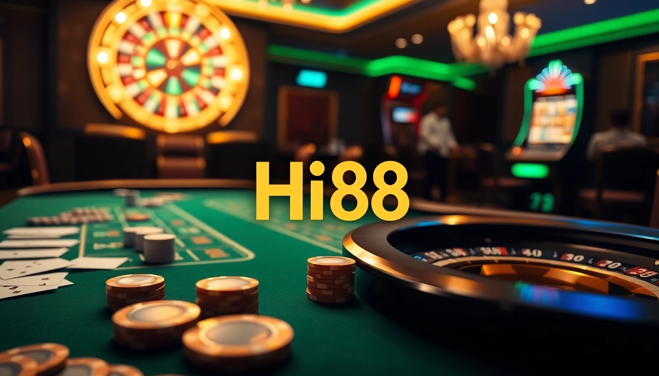 Experience the excitement of Hi88 with vibrant casino visuals featuring poker chips, cards, and slot machines.