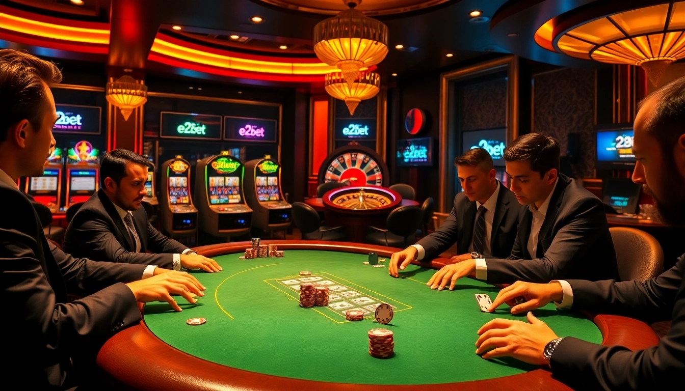 Experience the thrill of e2bet at a luxurious casino with poker and roulette games.