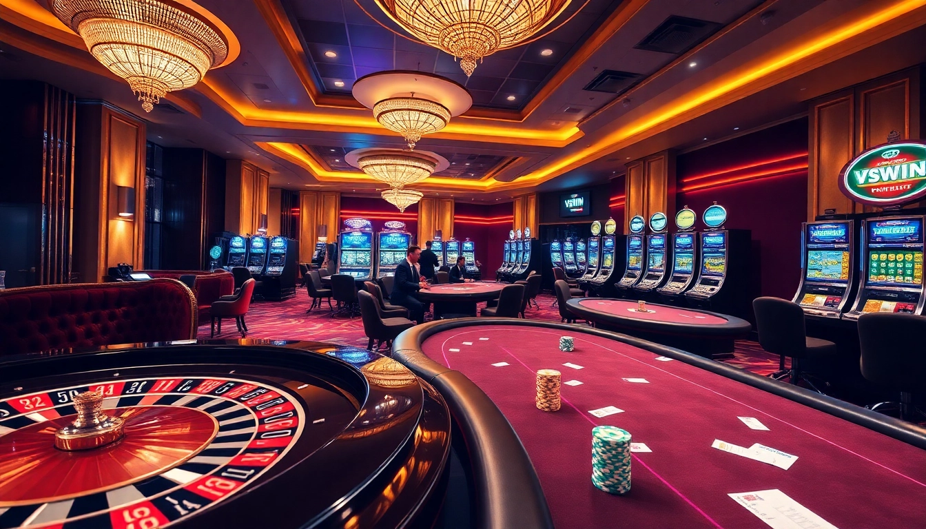 Experience the excitement of VSWIN at a luxurious casino with poker tables and roulette wheels.