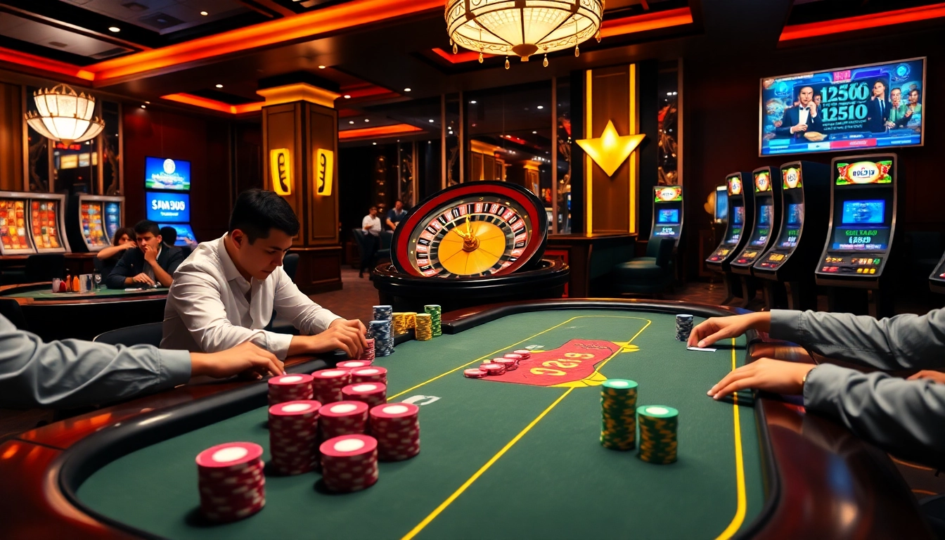 Players engaging at a poker table in a luxurious casino setting, linked to https://king88sa.com/ for premium gambling experiences.