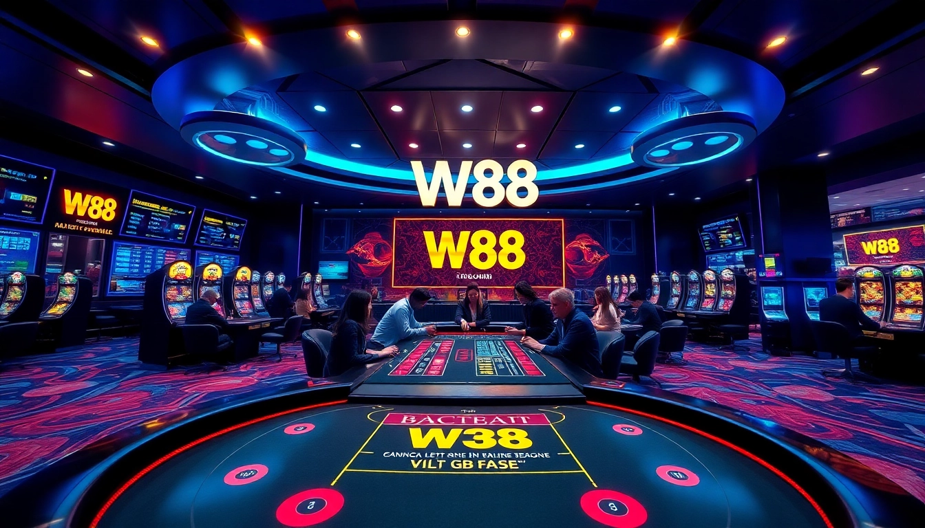 Experience W88.nyc's vibrant online casino atmosphere with Baccarat and Blackjack tables surrounded by engaging digital displays.
