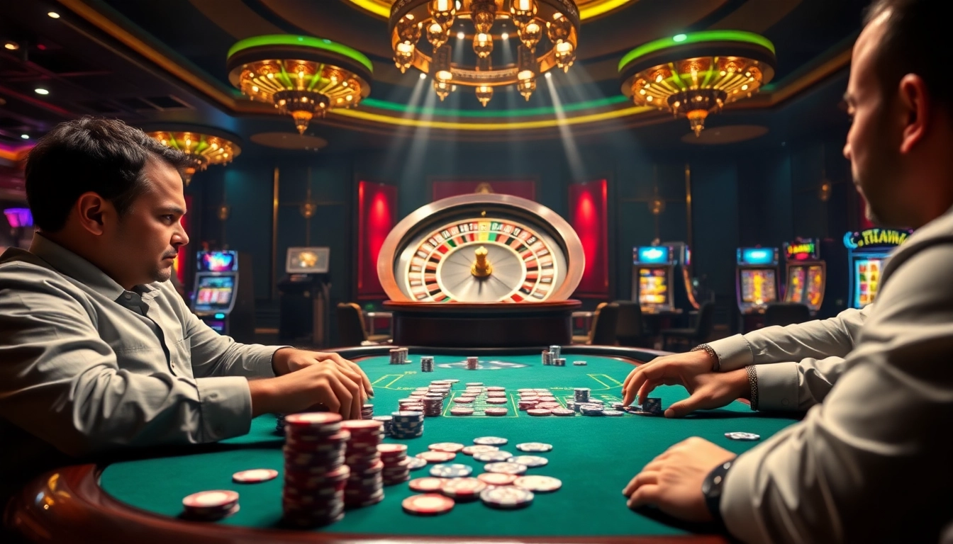 High-stakes poker action at an elegant casino featuring okking-themed decor and vibrant gaming elements.