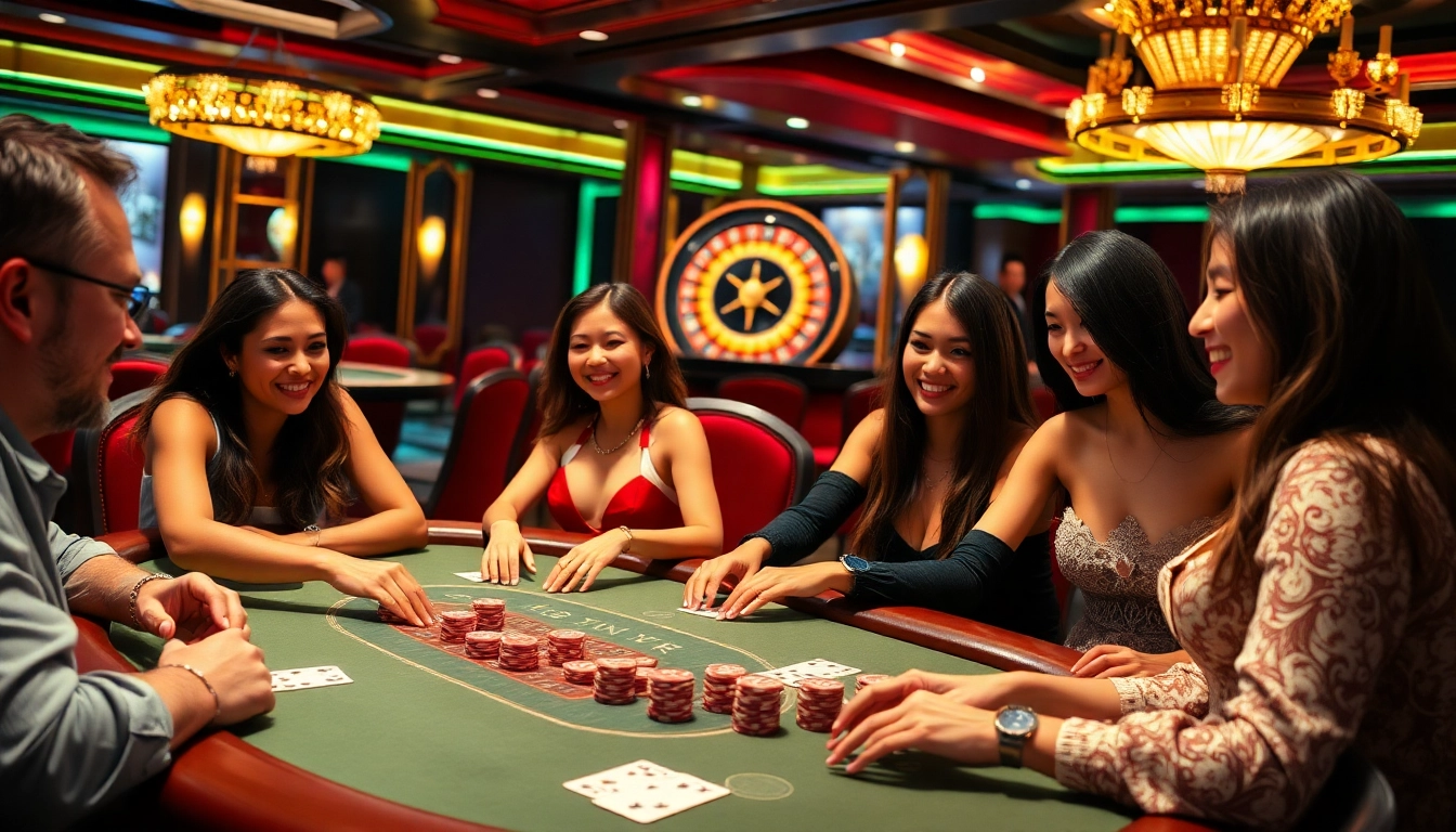 Players engaged in a thrilling poker game at a luxurious casino table featuring 5z777 stakes.