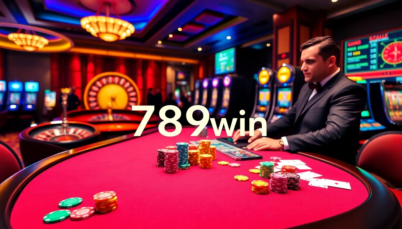 Experience the thrill of 789win at an exciting casino table with vibrant poker chips and cards.
