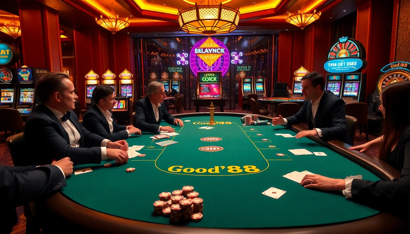 Exciting casino gameplay with good88 branding on a luxurious poker table, showcasing strategy and thrills.