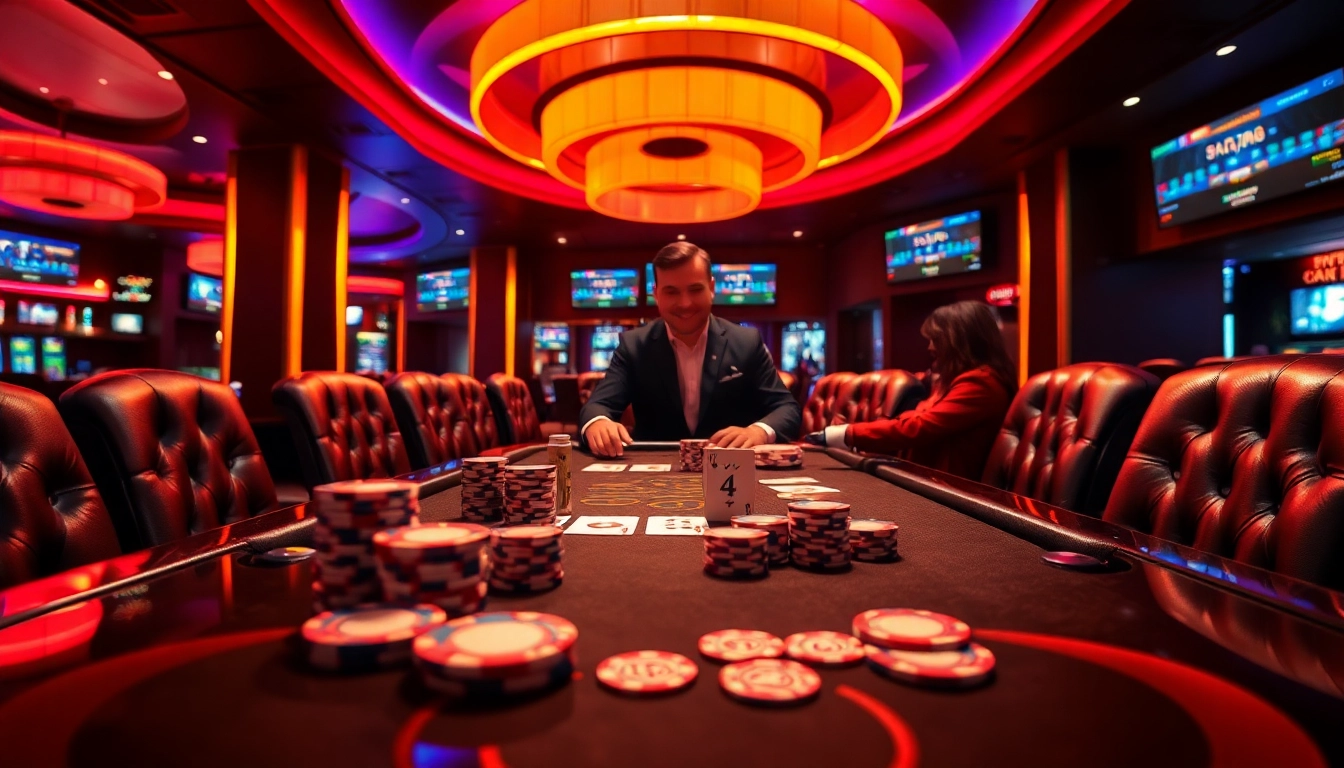 Experience high-stakes poker at fb88’s luxury casino table, filled with vibrant chips and cards.