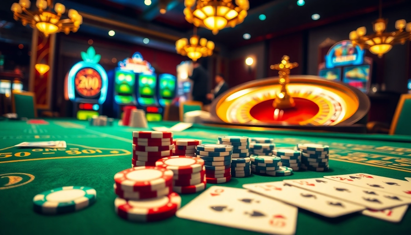 Players enjoying high-stakes poker at lv88's luxurious casino table, filled with vibrant chips and cards.