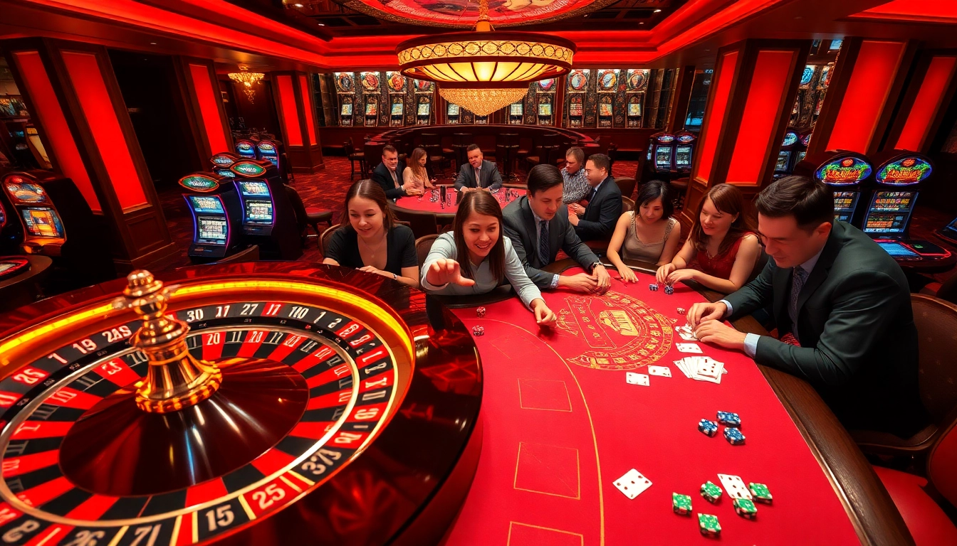 Engaging casino scene at rikvip368.com with roulette, poker, and vibrant players.