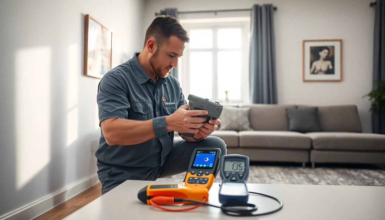 Central heating leak detection technician using thermal imaging in a living room.