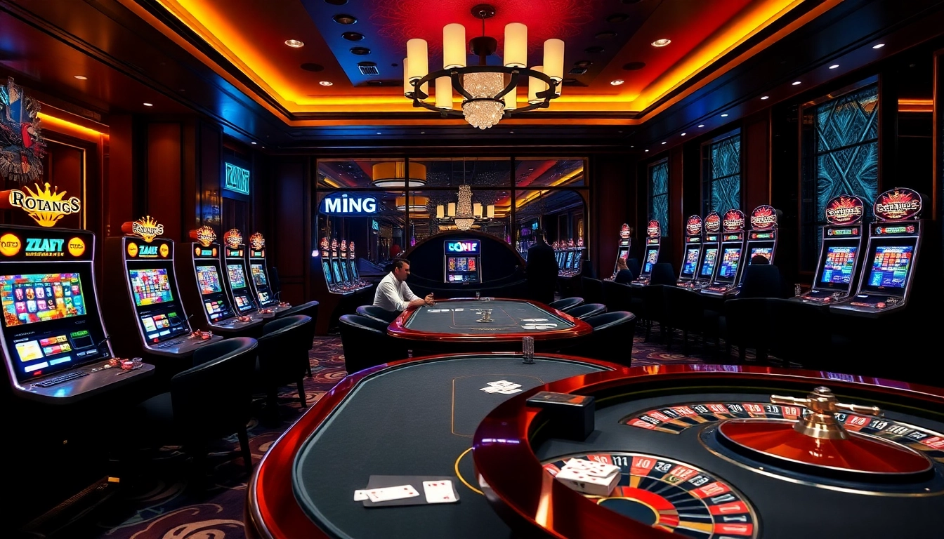 A lively casino scene at 79king featuring poker players strategizing at tables, vibrant slot machines, and roulette wheels.