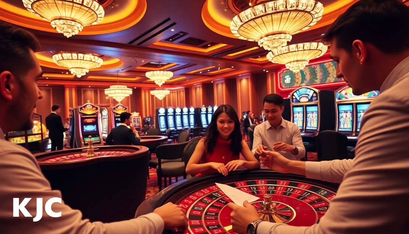 KJC players enjoying an exciting game at a luxurious casino with roulette and slot machines.