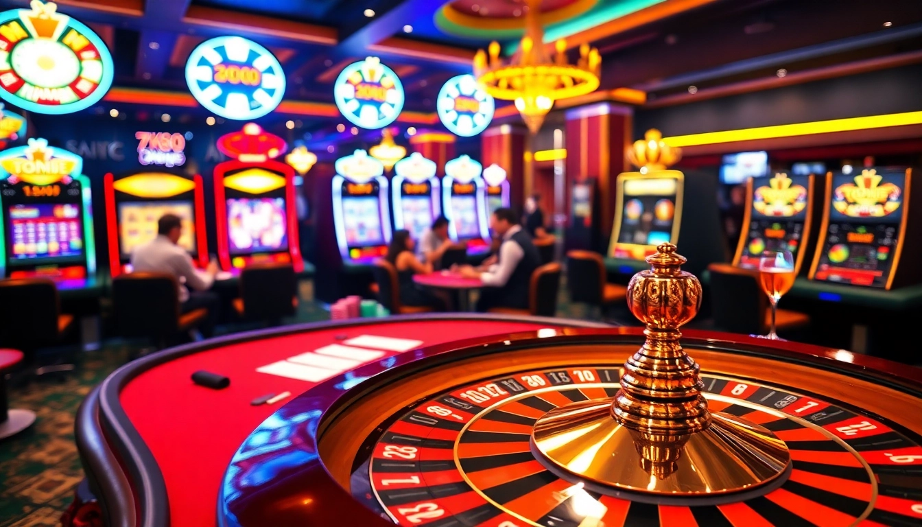 Experience excitement at TK88 casino with a bustling poker table and vibrant roulette wheel.