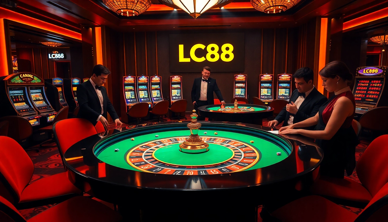 Players enjoy a high-stakes game at a lavish casino featuring LC88 branding.