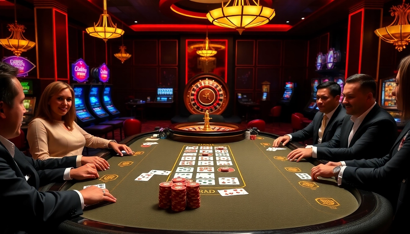 OKKING players engaging at a luxurious casino table surrounded by vibrant gaming elements.