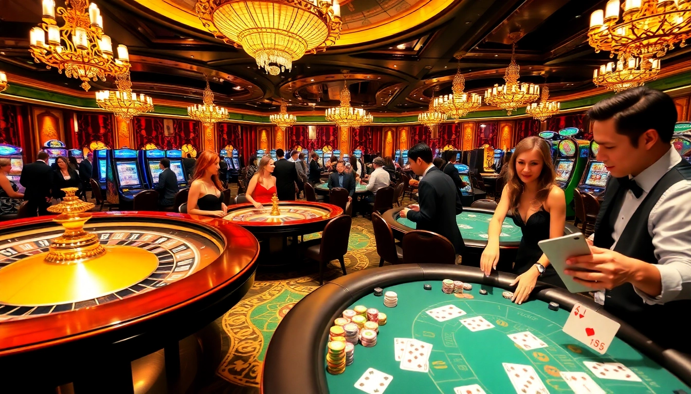 Engaging casino scene at 88okwin.com with players at luxurious tables and colorful gaming elements.
