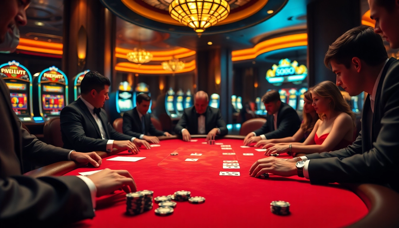 SODO poker game featuring vibrant colors and strategic play among elegantly dressed players.