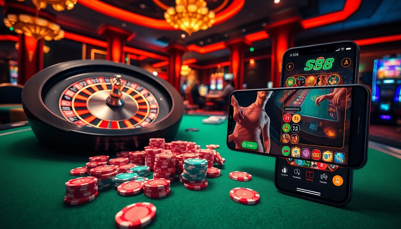 S88 app showcased on a smartphone amidst a lively casino scene with poker chips and roulette wheel.