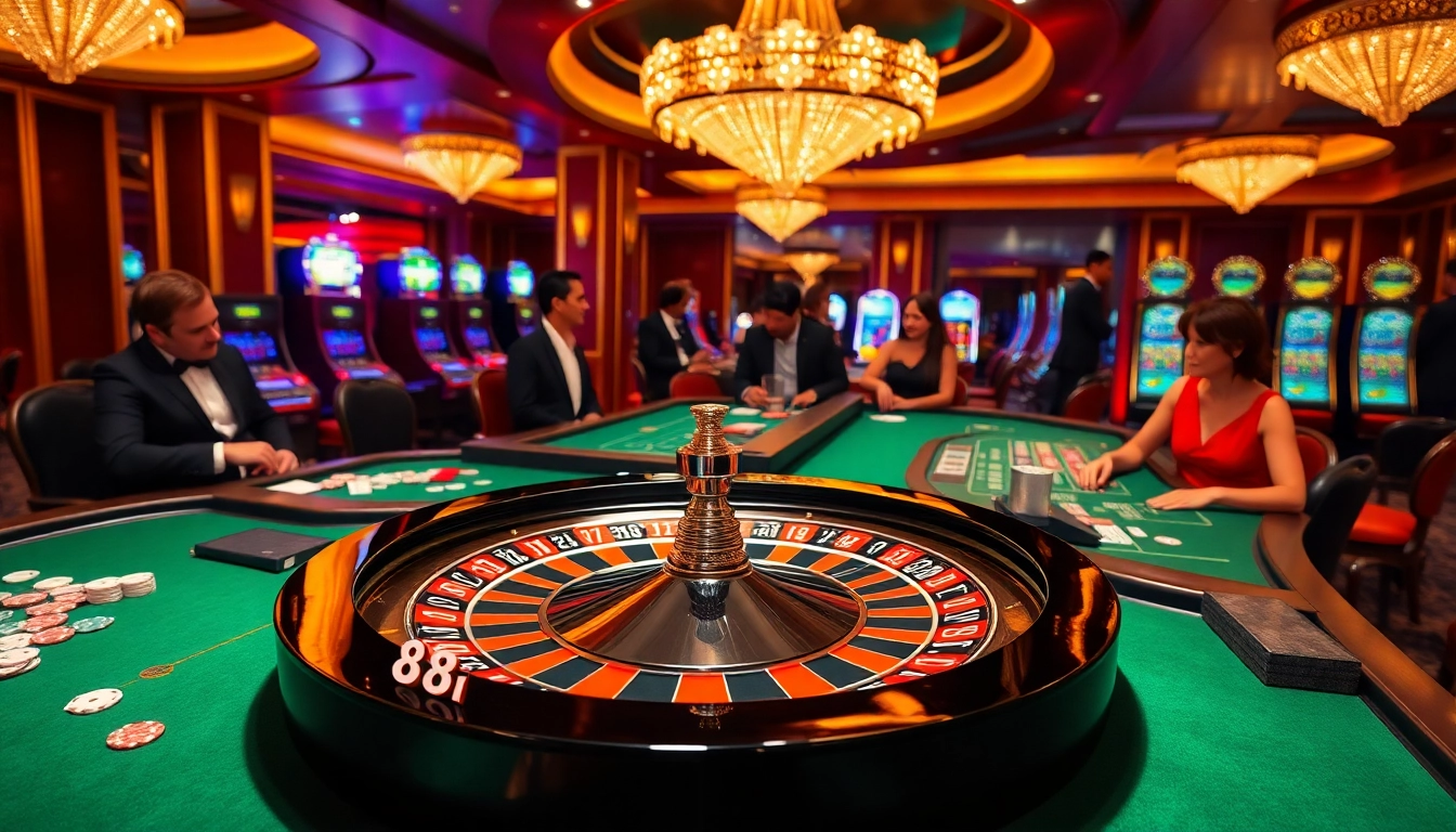Players enjoying high-stakes gambling at a luxurious casino featuring 88i roulette table.