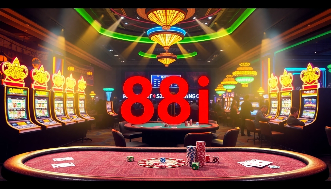 Exciting casino ambiance showcasing gambling action with 88i elements, including slot machines and poker tables.