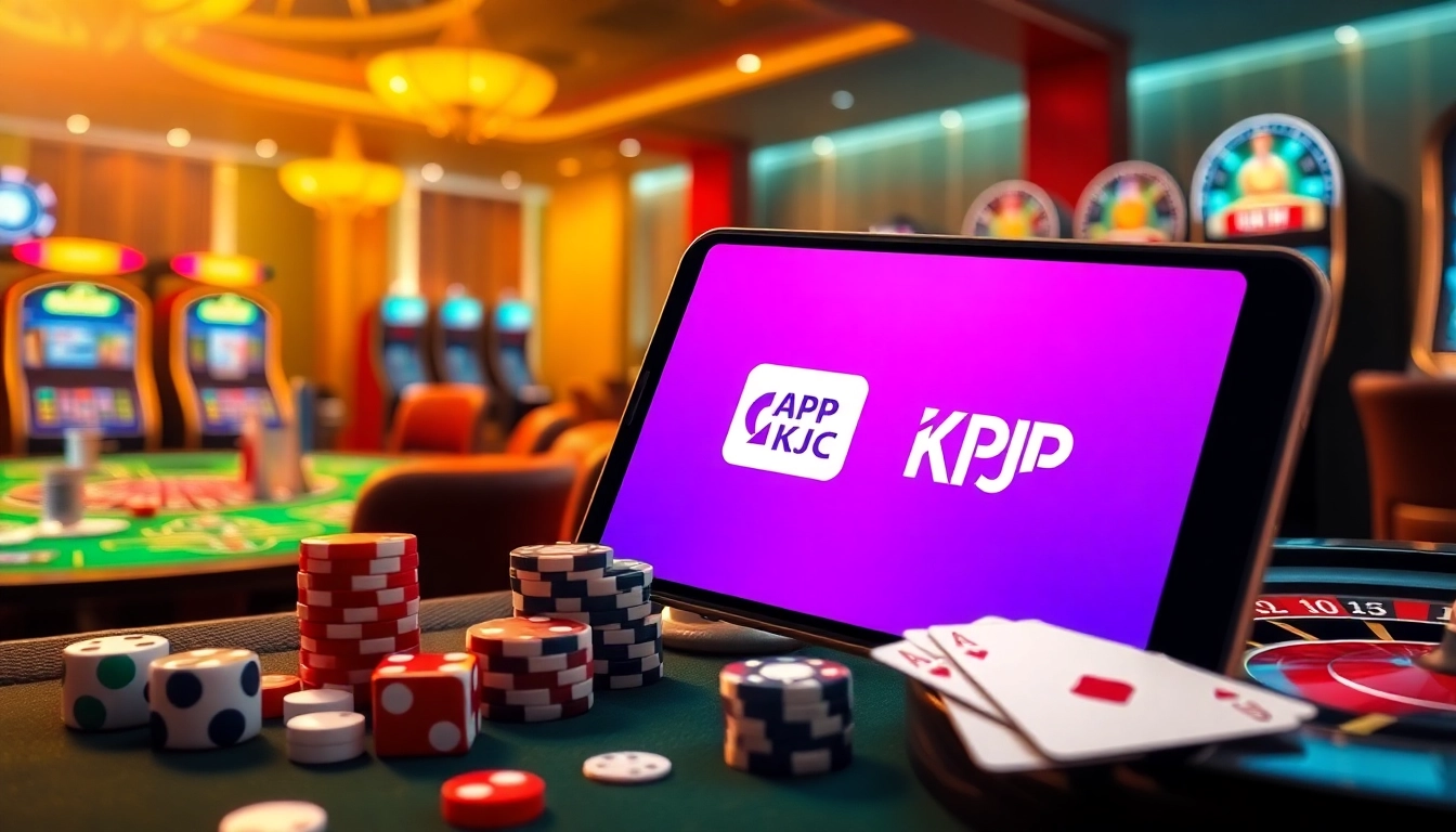Engage in thrilling online gaming with TẢI APP KJC on a smartphone surrounded by casino elements.