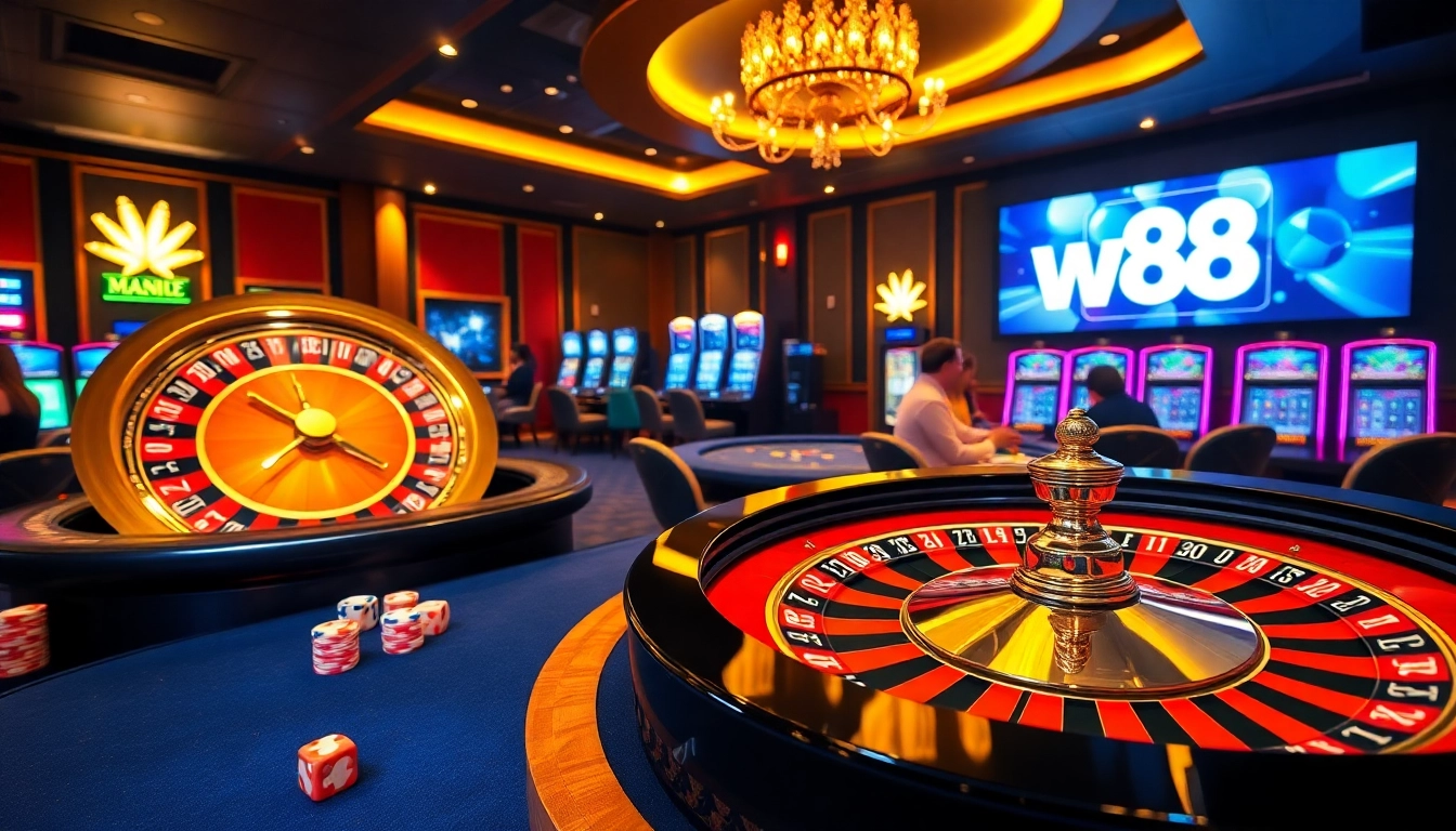 Experience thrilling action with vao w88 as players engage in exciting casino games surrounded by vibrant roulette and poker tables.