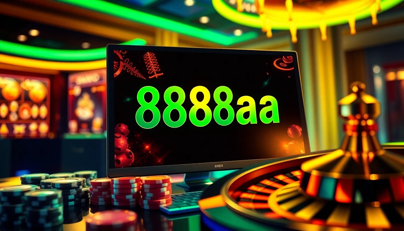 Engaging online gambling scene depicting 88aa with vibrant casino games and luxurious design elements.