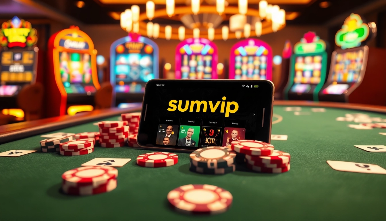 The sumvip app displayed on a smartphone amidst a luxurious casino setting with poker chips and cards.