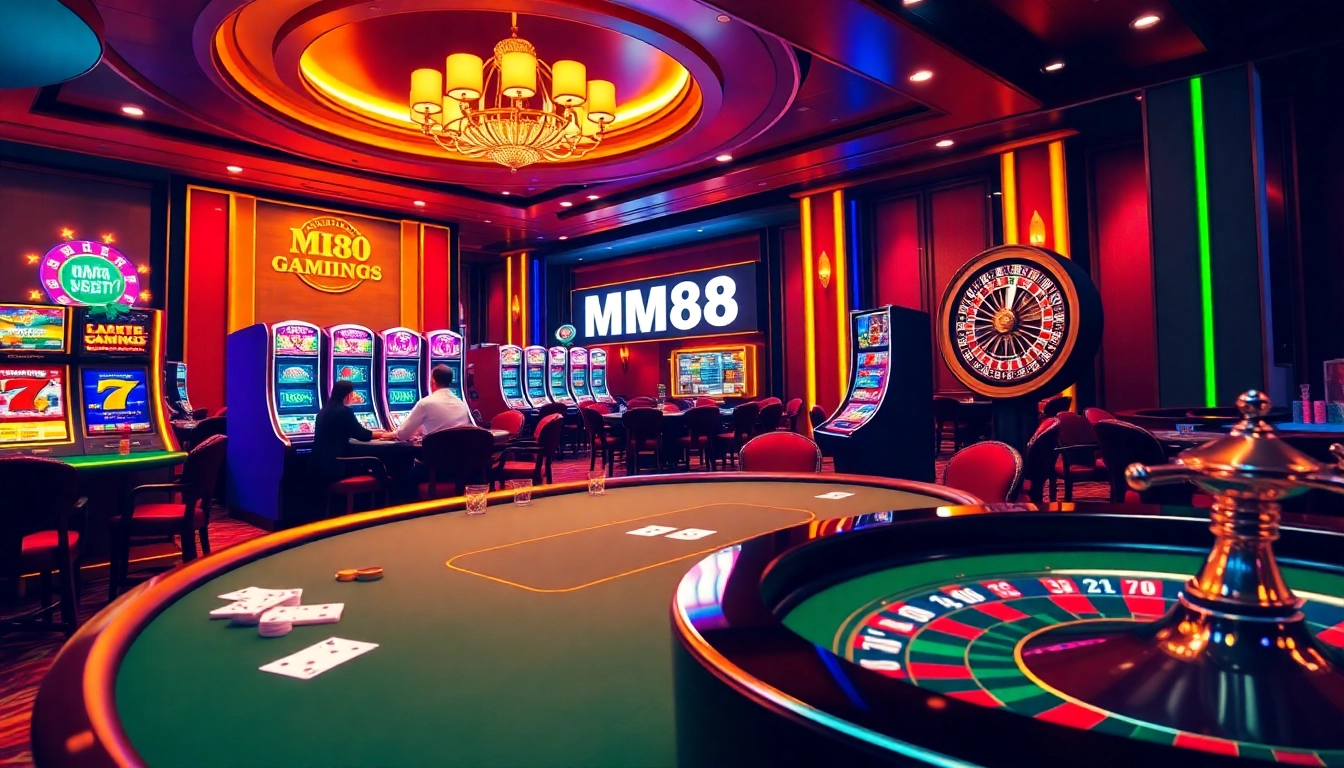 Experience the excitement of MM88 with vibrant casino elements and players at a professional poker table.