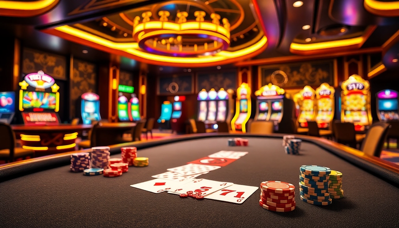 Experience thrilling poker games at 5z777's luxurious casino setup with vibrant chips and cards.