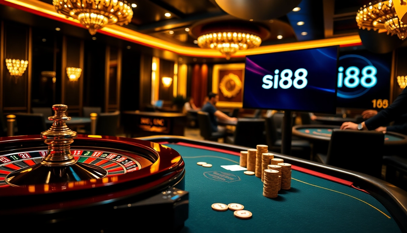 Siu88 casino scene with vibrant gaming elements, engaging players, and luxurious ambiance.