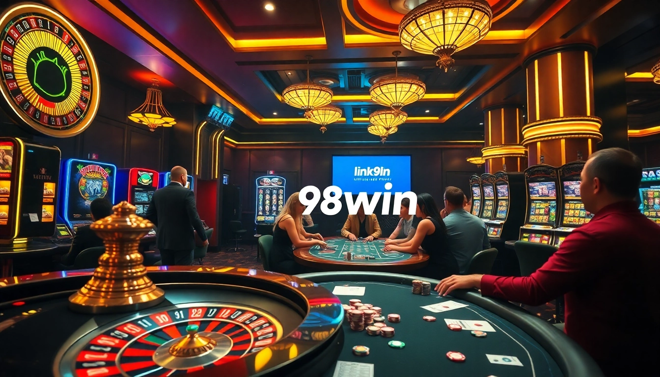 Experience the excitement of link 98win with a luxurious casino scene featuring vibrant slot machines and a roulette wheel.