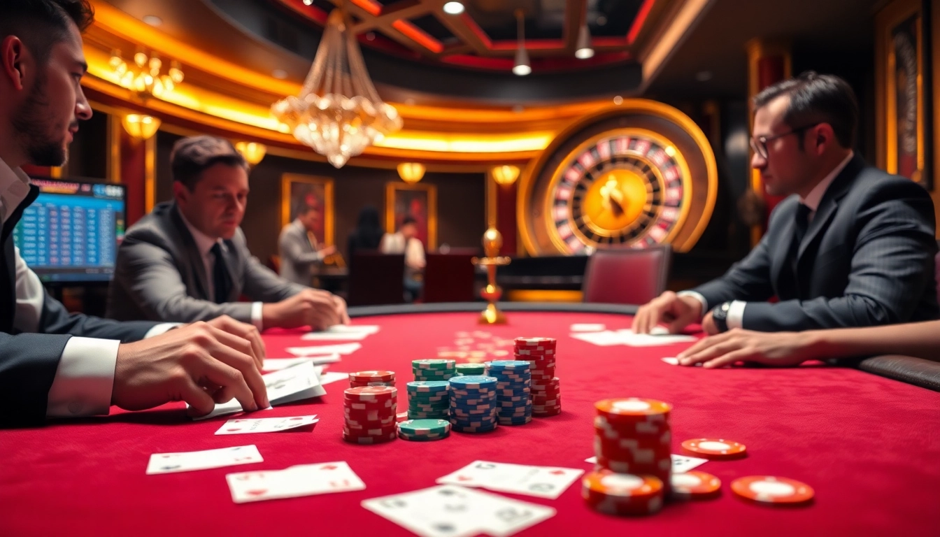 i9bet players strategizing at a luxurious poker table in an exciting casino environment.