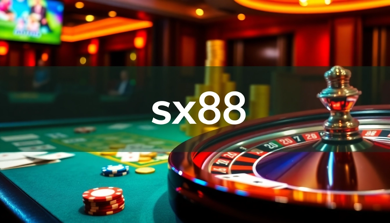 SX88 casino experience showcasing vibrant gambling elements like roulette wheels and poker chips.
