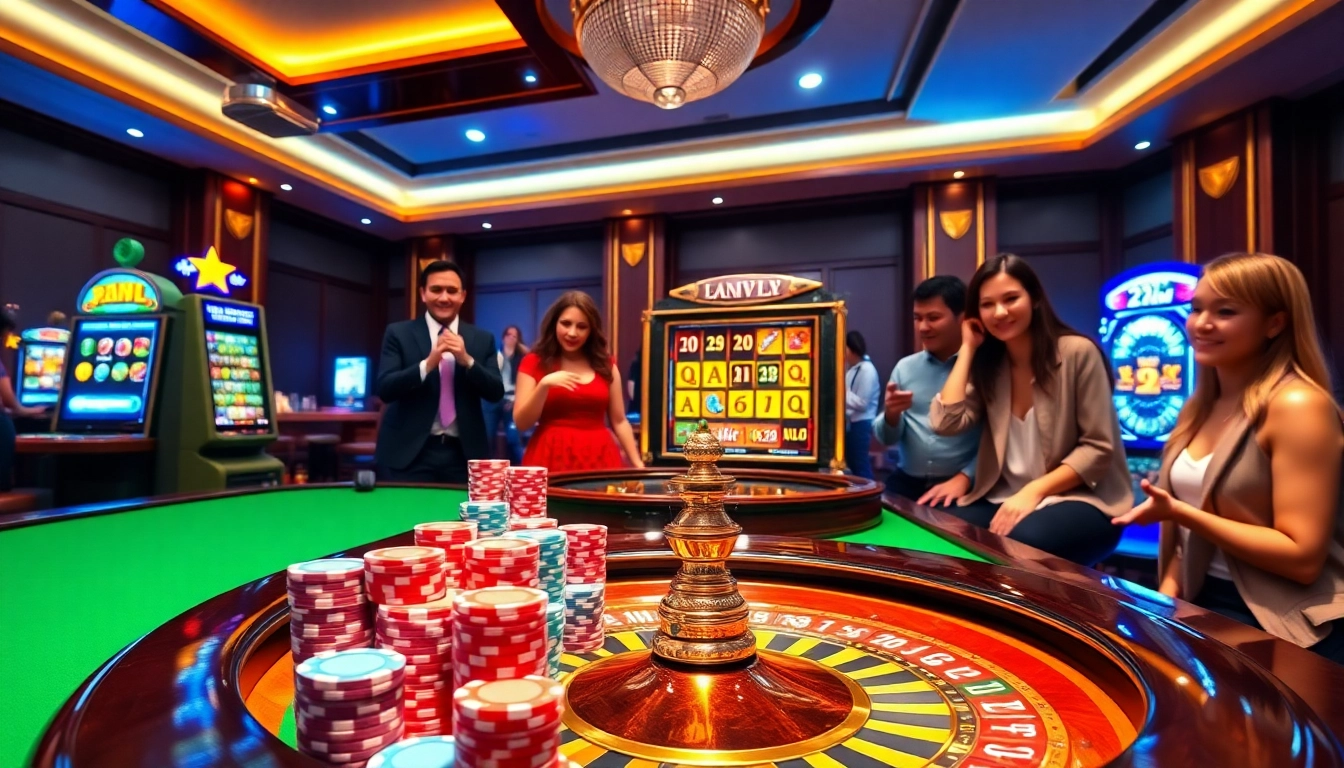 Players enjoying exciting games at 22JL Casino with poker chips, cards, and slot machines.
