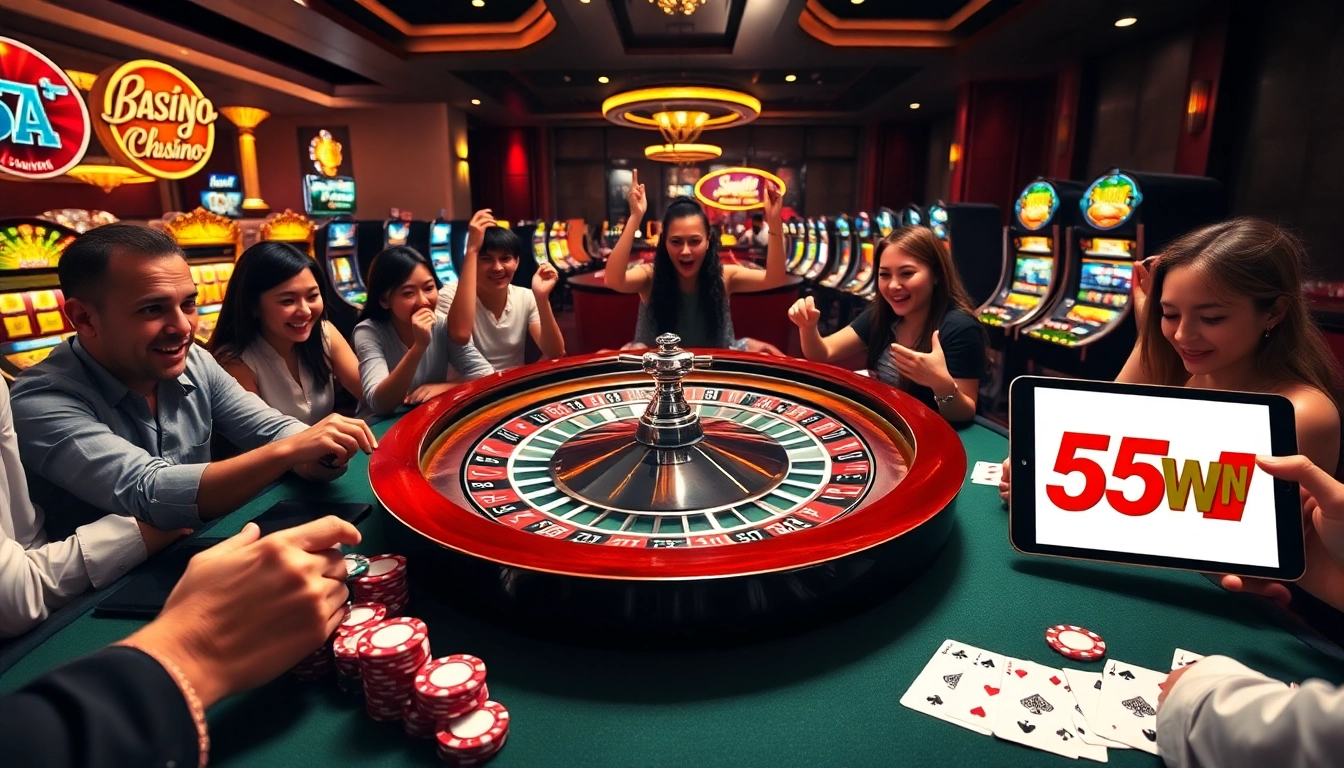 Experience the excitement of casino games at 55win with vibrant slot machines and engaging roulette action.