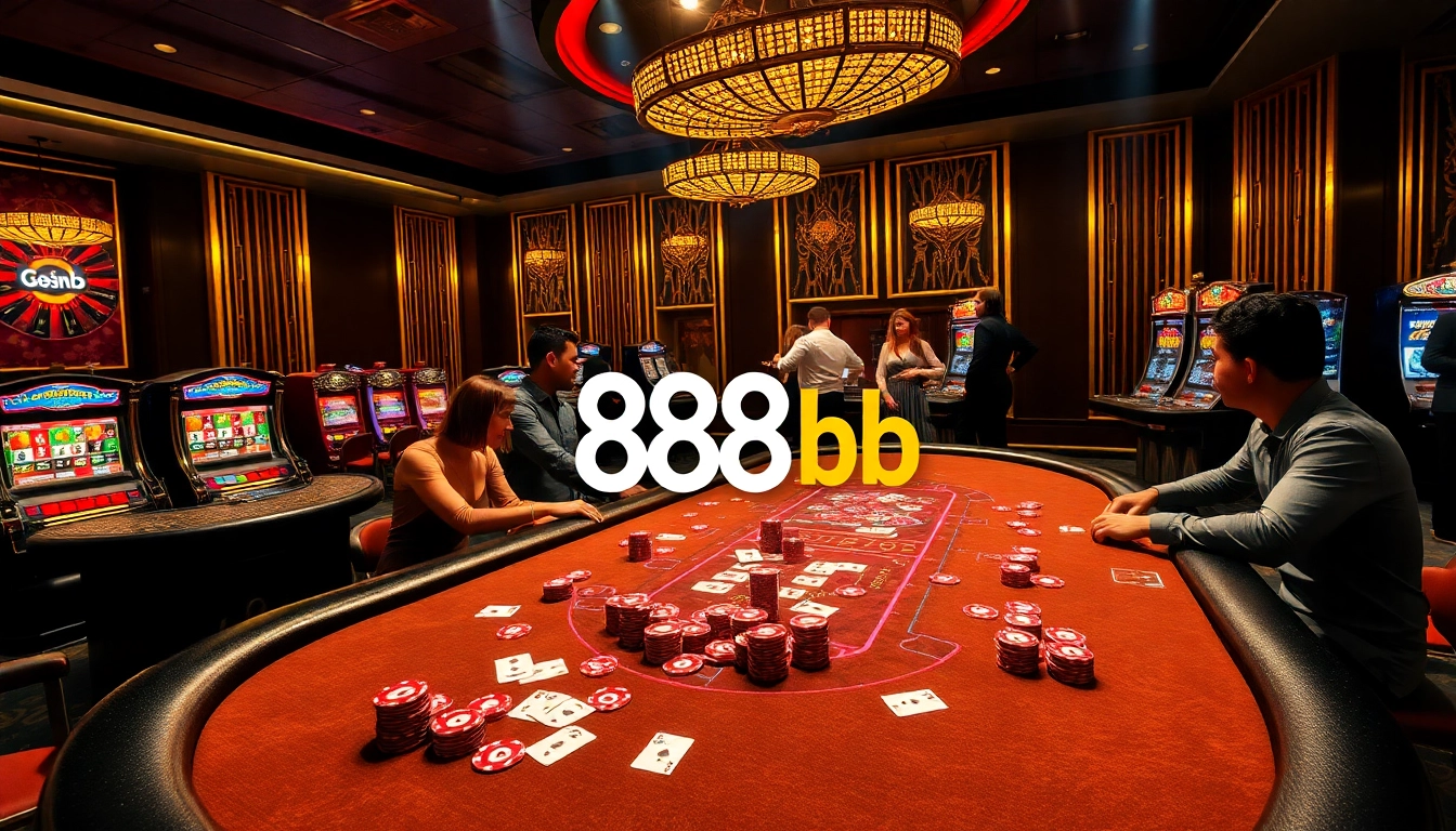 Players experiencing the excitement of 888b at a luxury casino with vibrant poker tables.