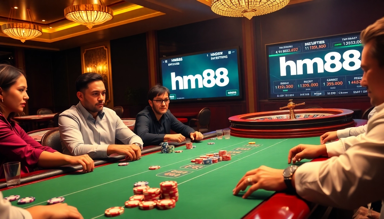 Players enjoying an exciting game of poker at the hm88 casino, showcasing vibrant colors and luxurious atmosphere.