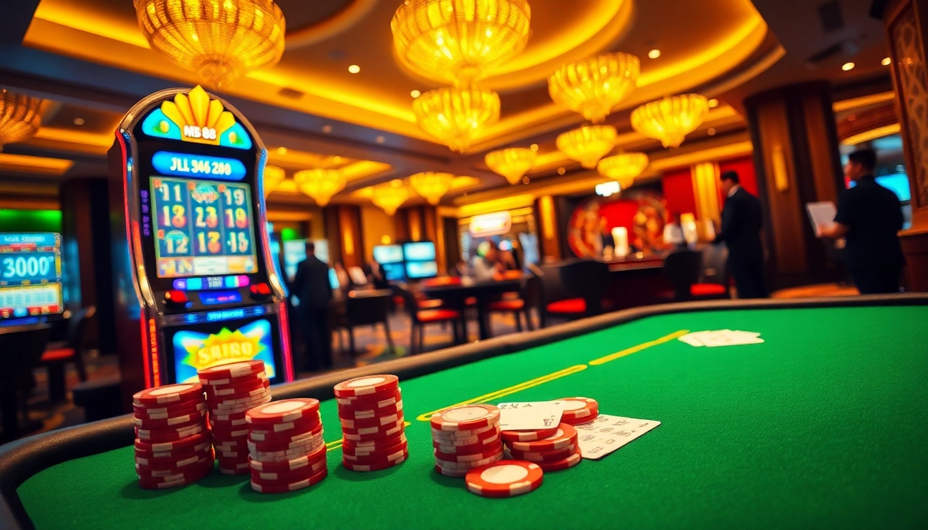 Exciting casino scene with poker chips and slot machines, highlighting mb 88 gaming strategies.