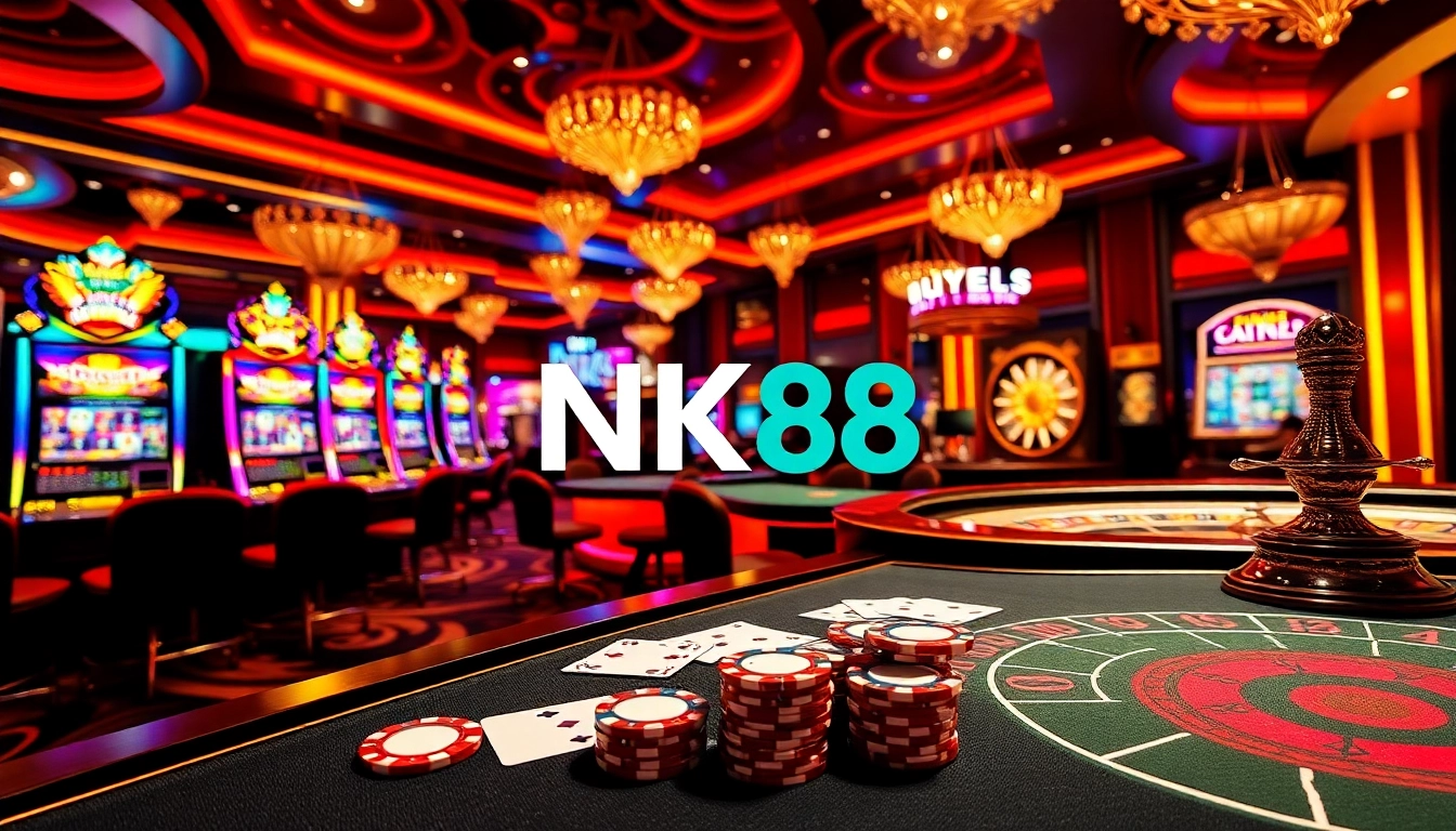 Experience NK88 excitement at a glamorous casino table with poker chips and cards.