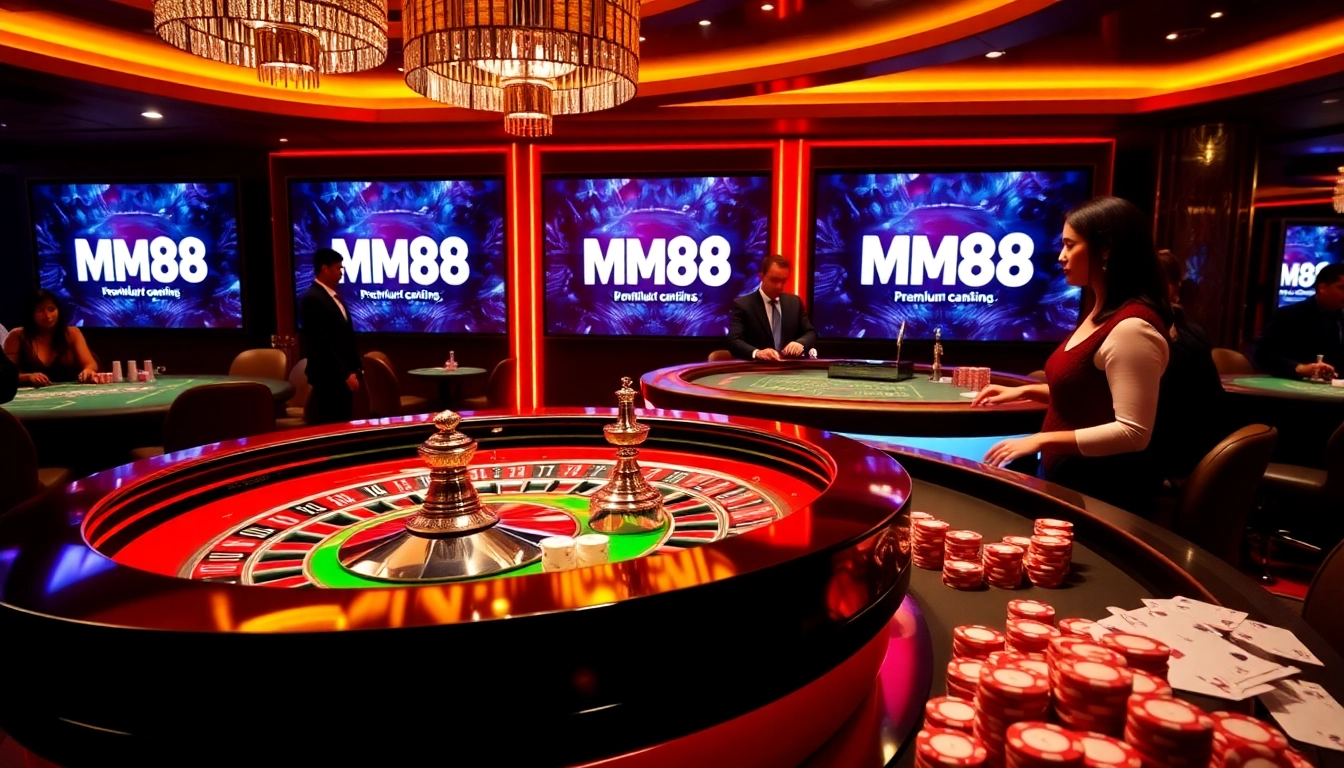 Exciting casino scene showcasing MM88 brand with roulette, poker chips, and players.