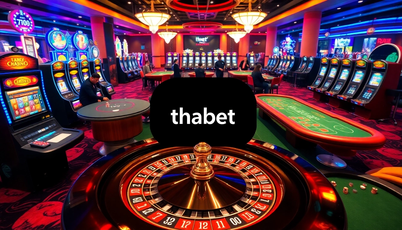 Experience thrilling gameplay at a luxurious casino with thabet-themed roulette and poker tables.