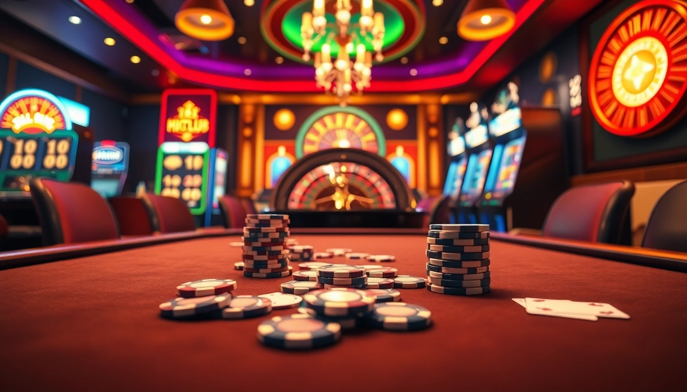 Experience the excitement of HITCLUB at a high-stakes poker table surrounded by vibrant casino elements.