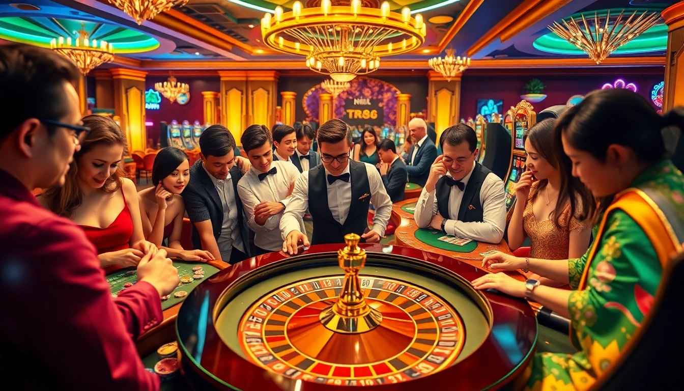 Engaging gameplay with TR88 at a vibrant casino featuring roulette, poker tables, and slot machines.