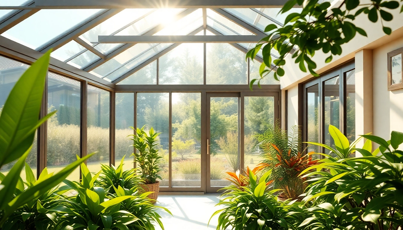 Bright solarium room filled with natural light and lush plants, showcasing a garden view.