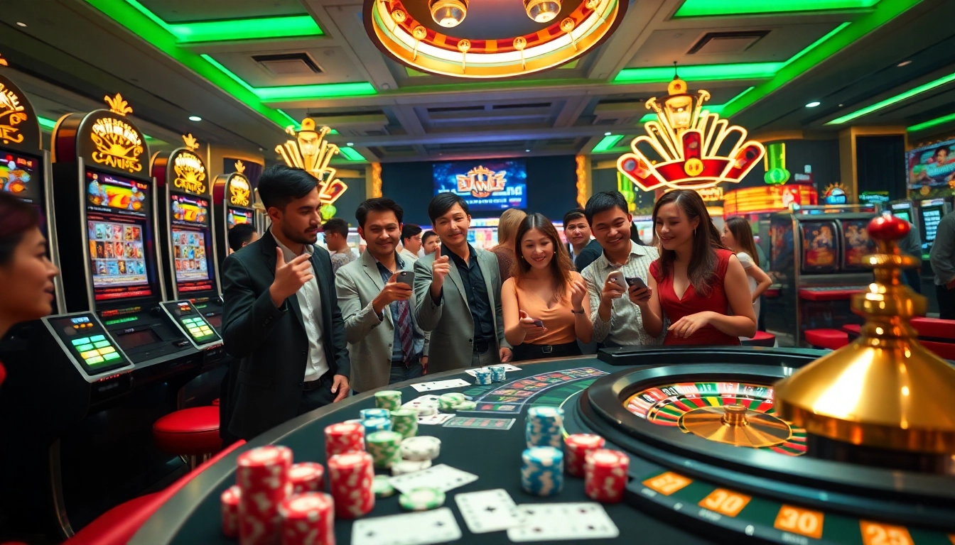 Engaging players at trang chủ FLY88 with colorful poker chips and vibrant slot machines.