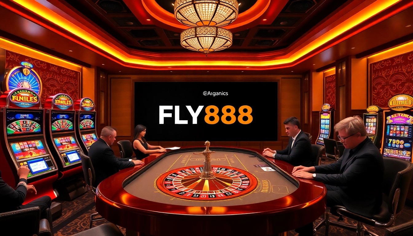 Experience high-stakes gaming at FLY888 with vibrant tables, chips, and roulette wheels.