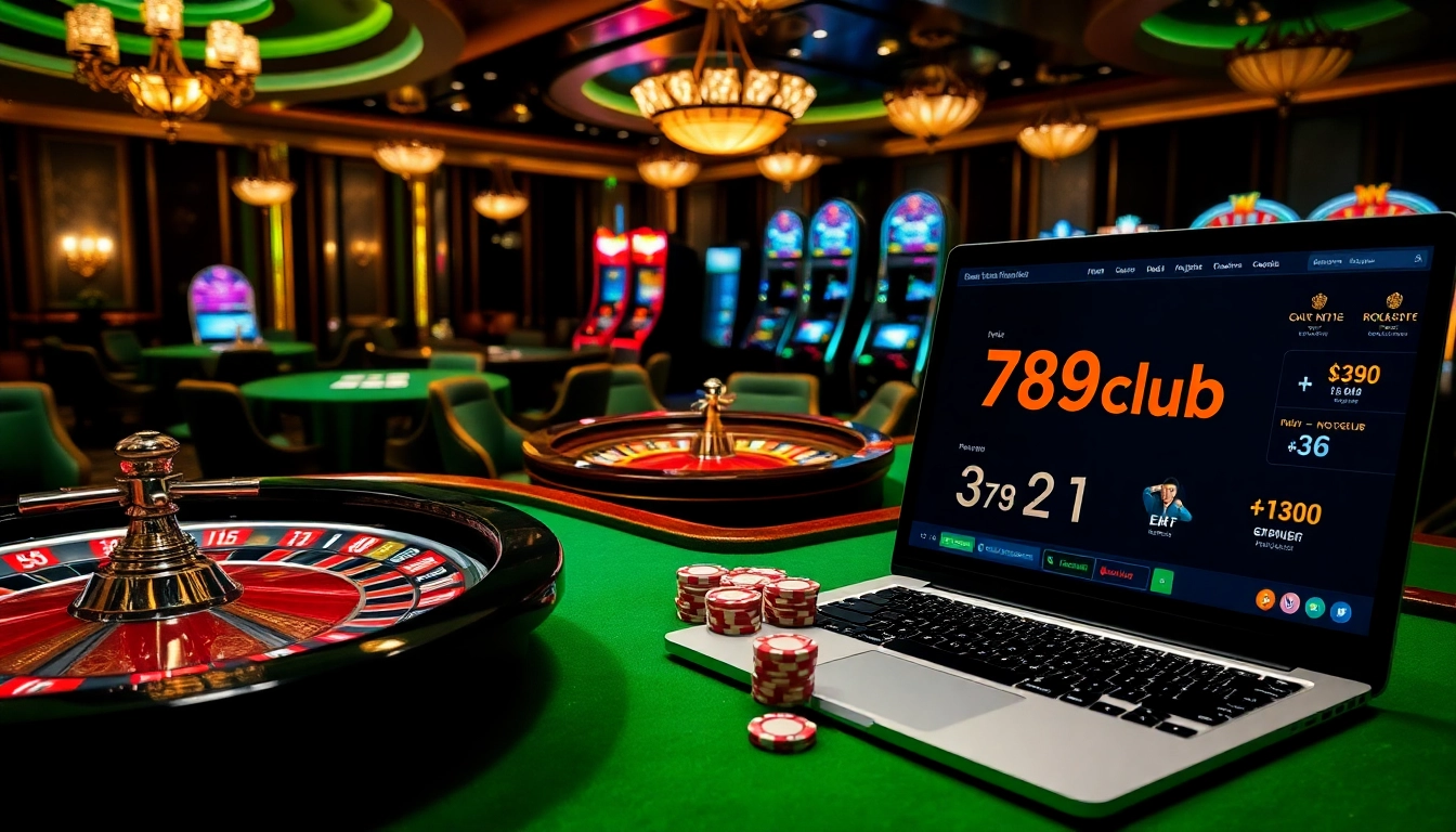 Excited gamblers playing at a luxurious 789club casino table with vibrant slot machines.