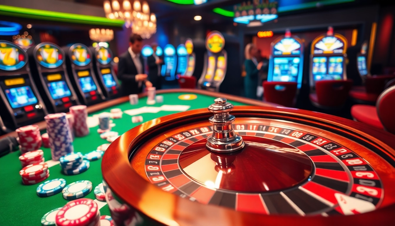 Engage with the excitement of gambling at kjc com with vibrant casino visuals of roulette and poker tables.
